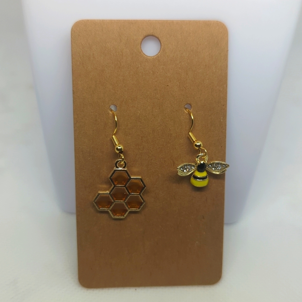 Asymmetrical Bee and Honeycomb Earrings